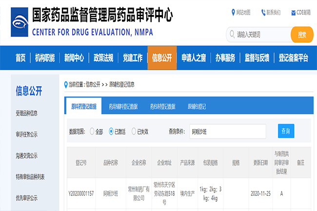 常州制药厂有限公司阿哌沙班原料药备案状态已转为“A”状态